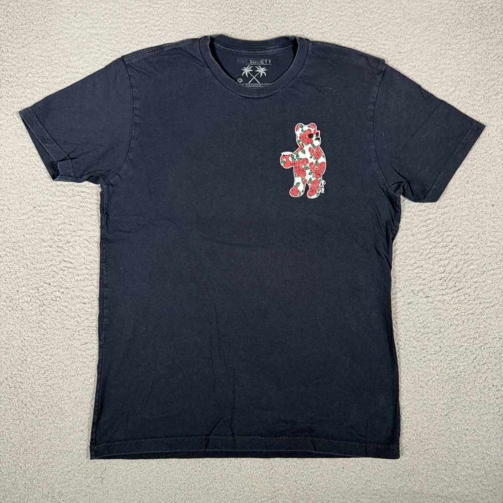 Riot Society Shirt Mens Medium Blue Bear Rose Graphic Tee 100% Cotton Casual